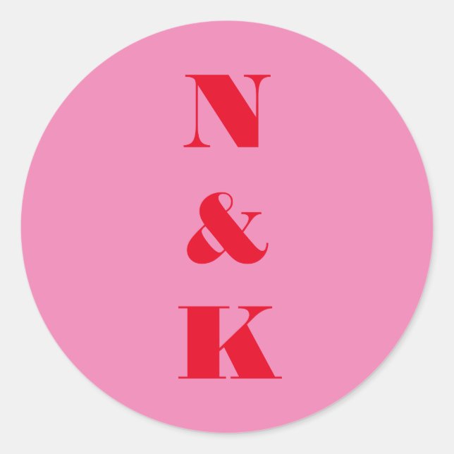 Sticker Rond Mariage Moderne Monogramme Gras Rouge Rose Clair  (Devant)