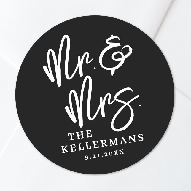 Sticker Rond Mariage Moderne Noir (Black Modern Wedding Classic Round Sticker)
