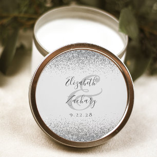 Sticker Rond Mariage Moderne Paillettes Argent Bord Gris Pâle
