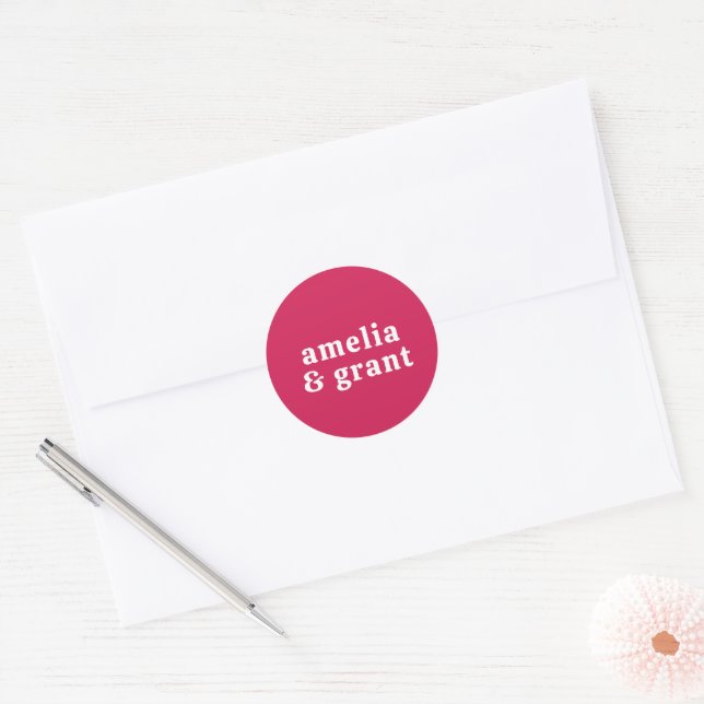 Sticker Rond Mariage Moderne Police Rétro Rose Chaud (Enveloppe)