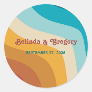 Sticker Rond Mariage moderne Retro 70 coloré Rainbow Waves