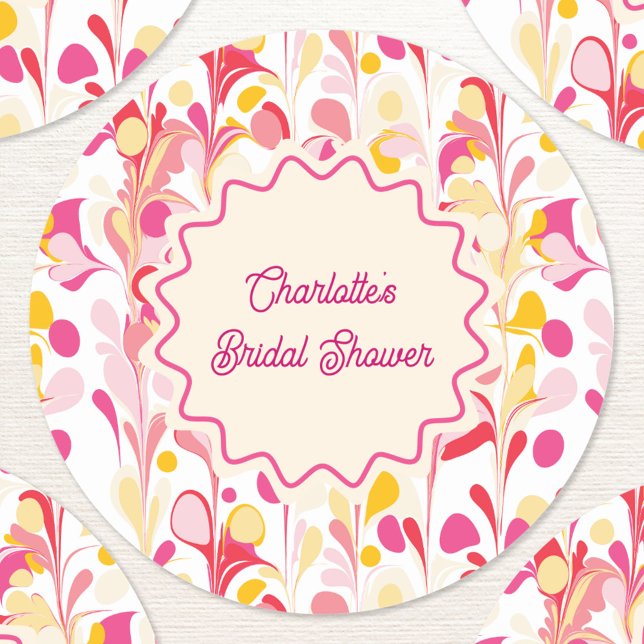 Sticker Rond Mariage Moderne Rétro Abstrait Vagues Roses (Modern abstract groovy abstract wavy personalized bridal shower sticker)