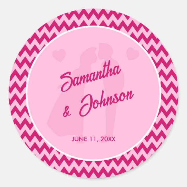 Sticker Rond Mariage Moderne Rose Pâle à Rayures Chevron (Devant)