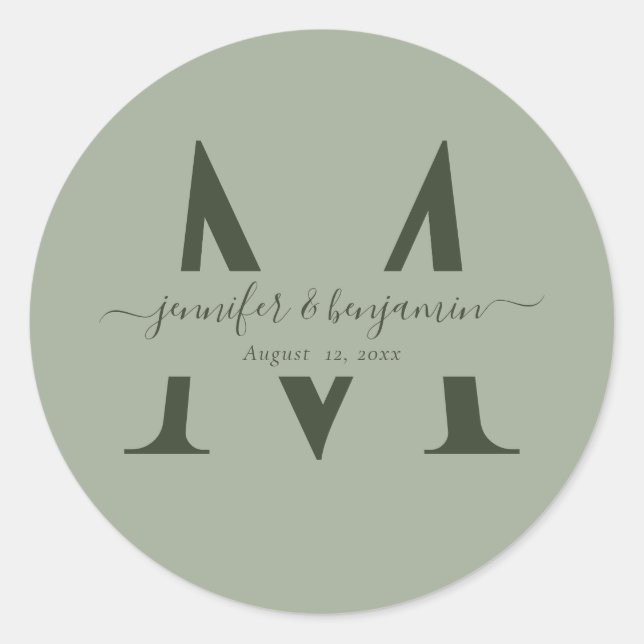 Sticker Rond Mariage moderne Sage Vert Monogramme Enveloppe Pho (Devant)