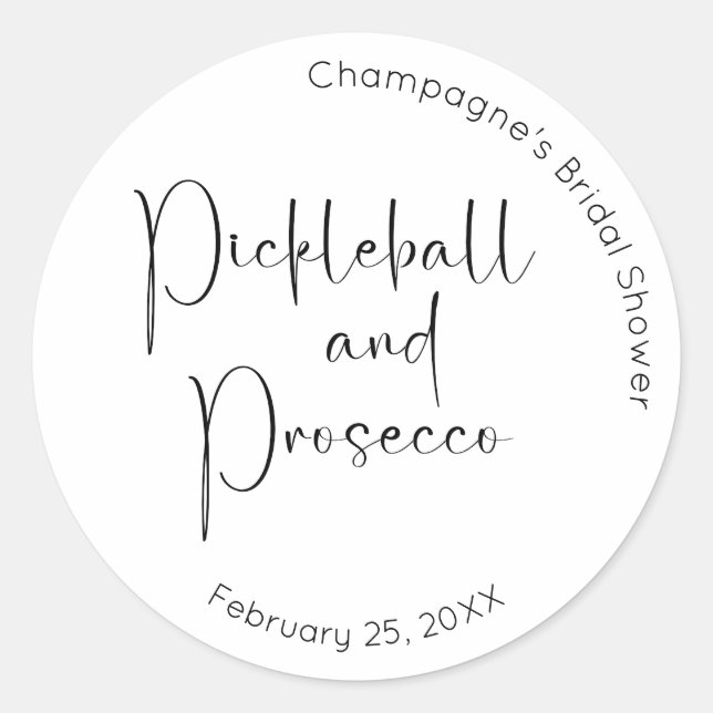 Sticker Rond Mariage Moderne Script Pickleball & Prosecco (Devant)