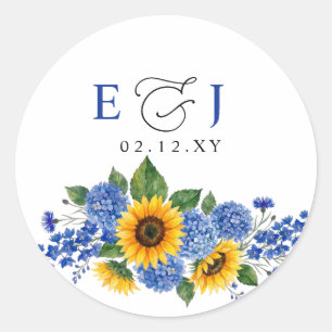 Sticker Rond Mariage Moderne Tournesols Floraux Bleu Royal