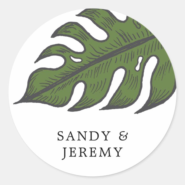 Sticker Rond Mariage Moderne Tropical Feuille de Palmier Verte (Devant)