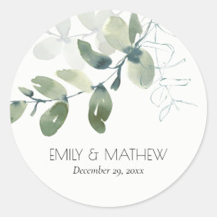 STICKER ROND MARIAGE MODERNE VERT EUCALYPTUS FOLIAGE EAU COULEU