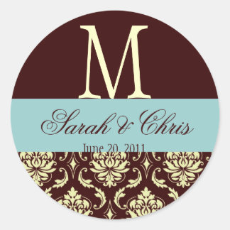 Sticker Rond Mariage Monogram Damask Brown Blue Ivory Seal