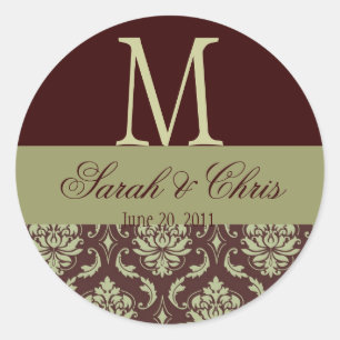 Sticker Rond Mariage Monogram Damask Brown Taupe Seal