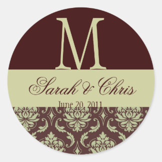 Sticker Rond Mariage Monogram Damask Brown Taupe Seal