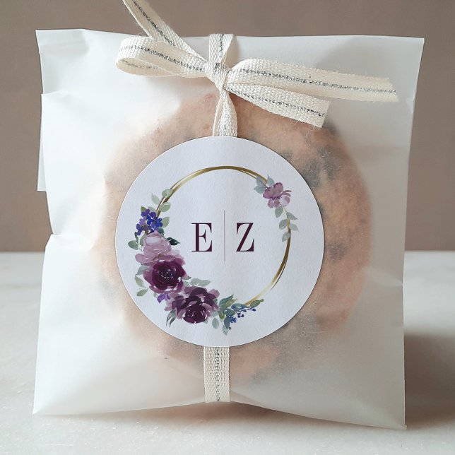 Sticker Rond Mariage Monogram Purple Floral Boho Gold Frame (Créateur téléchargé)
