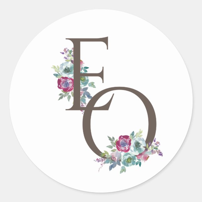 Sticker Rond Mariage monogrammé à fleurs Mint & Mauve (Devant)