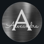 Sticker Rond Mariage monogramme à huile noire<br><div class="desc">Faux Noirs Filles Filles Filles en acier inoxydable métallique moderne et élégant Fhuile Anniversaire,  Fête des mariées,  Baby shower ou Mariage Envelope ou Sceau Favor Sticker. Cet autocollant peut être customisé pour inclure votre nom initial et prénom pour un paquet cadeau.</div>