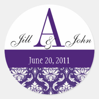 Sticker Rond Mariage Monogramme A Noms Date Paisley Purple Seal