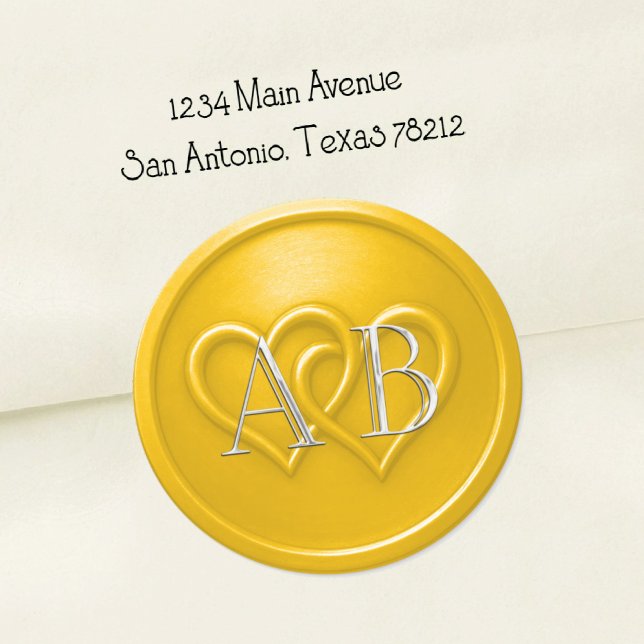 Sticker Rond Mariage Monogramme Argent à Deux Cœurs Jaunes (Créateur téléchargé)