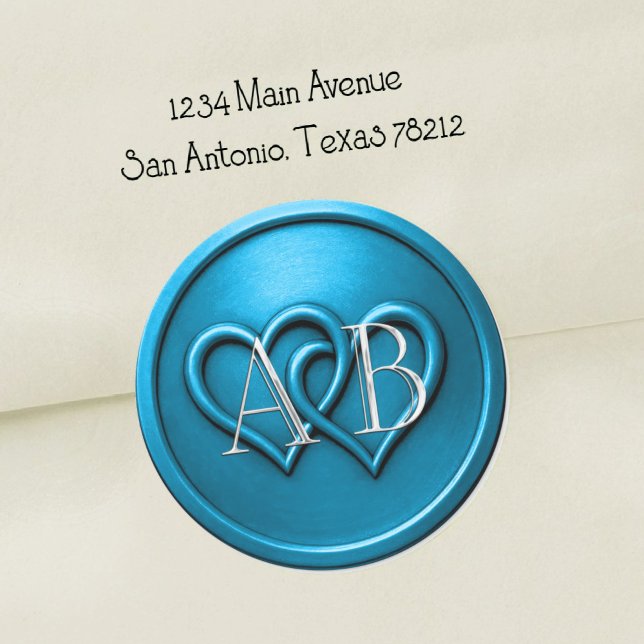 Sticker Rond Mariage Monogramme Argent Deux Cœurs Bleus (Créateur téléchargé)