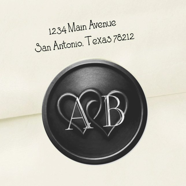 Sticker Rond Mariage Monogramme Argent Deux Cœurs Noirs (Créateur téléchargé)