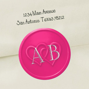 Sticker Rond Mariage Monogramme Argent Deux Cœurs Rose Chaud