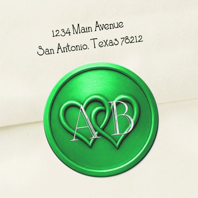 Sticker Rond Mariage Monogramme Argent Deux Cœurs Verts (Créateur téléchargé)