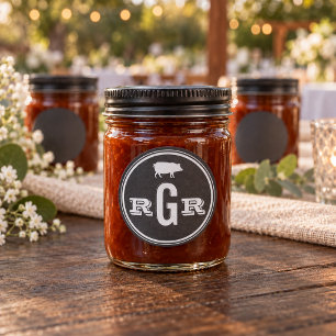 Sticker Rond Mariage Monogramme au Cochon Grillé sur Ardoise Ru