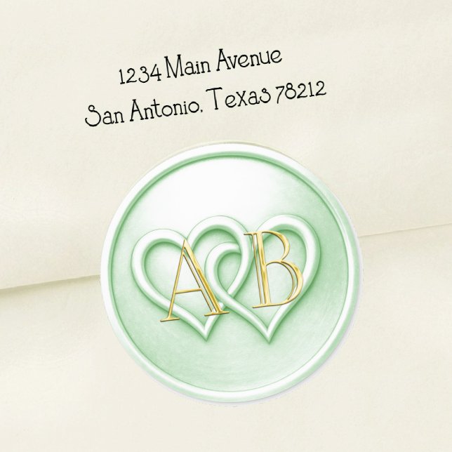 Sticker Rond Mariage Monogramme aux Deux Cœurs Entrelacés Vert  (Créateur téléchargé)