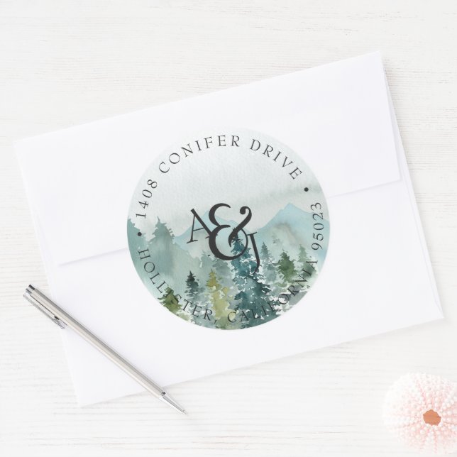 Sticker Rond Mariage Monogramme aux Pins Aquarelle Rustique (Enveloppe)