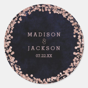 Sticker Rond Mariage Monogramme Bleu Nuit & Or Rose