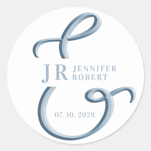 Sticker Rond Mariage Monogramme Bleu Poussiéreux (Devant)