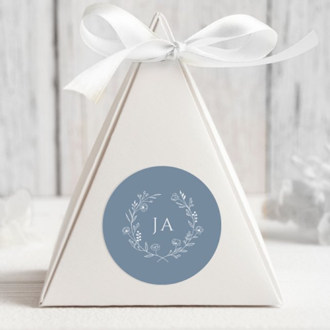 Sticker Rond Mariage Monogramme Bleu Poussiéreux (Créateur téléchargé)