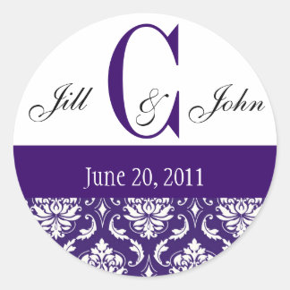 Sticker Rond Mariage Monogramme C Noms Date Paisley Purple Seal