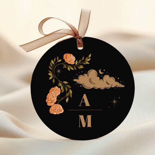 Sticker Rond Mariage Monogramme Céleste Minuit Étoiles Noires (Créateur téléchargé)