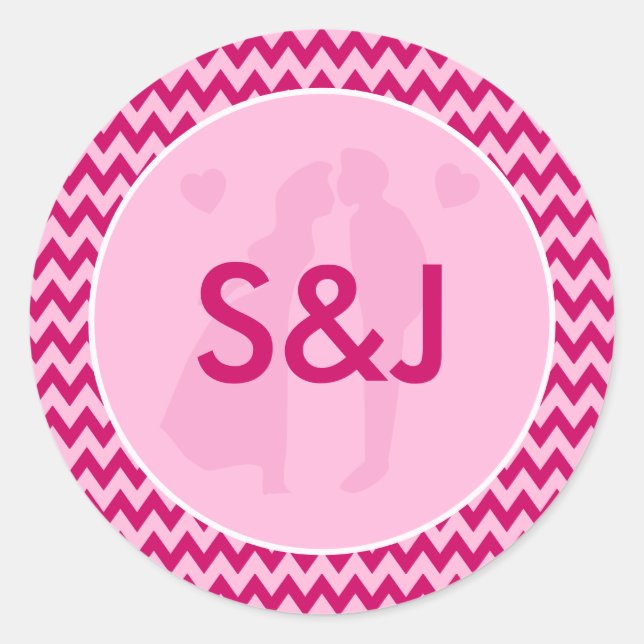 Sticker Rond Mariage Monogramme Chevron Rose Pâle Moderne (Devant)