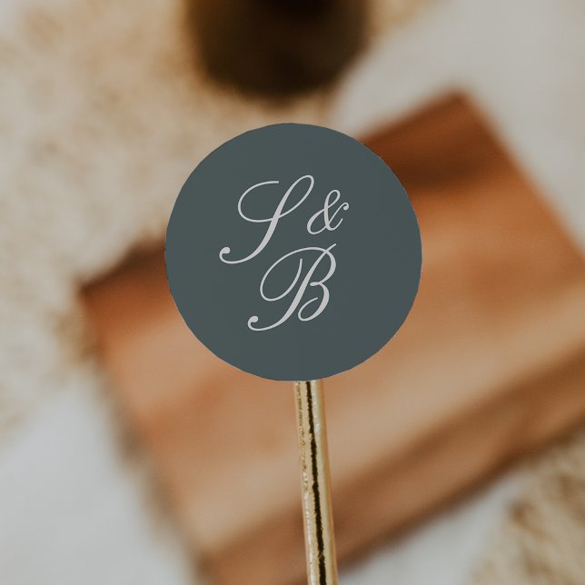 Sticker Rond Mariage Monogramme Classique Script Spruce Fumé (Créateur téléchargé)