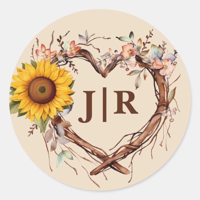 Sticker Rond Mariage Monogramme Coeur de Tournesol Rustique  (Devant)