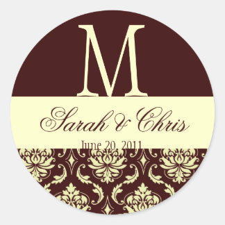 Sticker Rond Mariage Monogramme Damask Sceau Brown d'ivoire