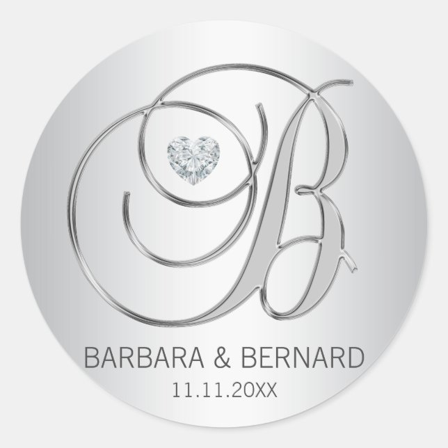 Sticker Rond Mariage monogramme d'argent élégant personnalisé (Devant)