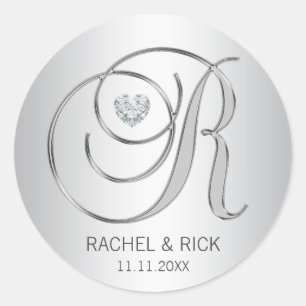 Sticker Rond Mariage monogramme d'argent élégant personnalisé