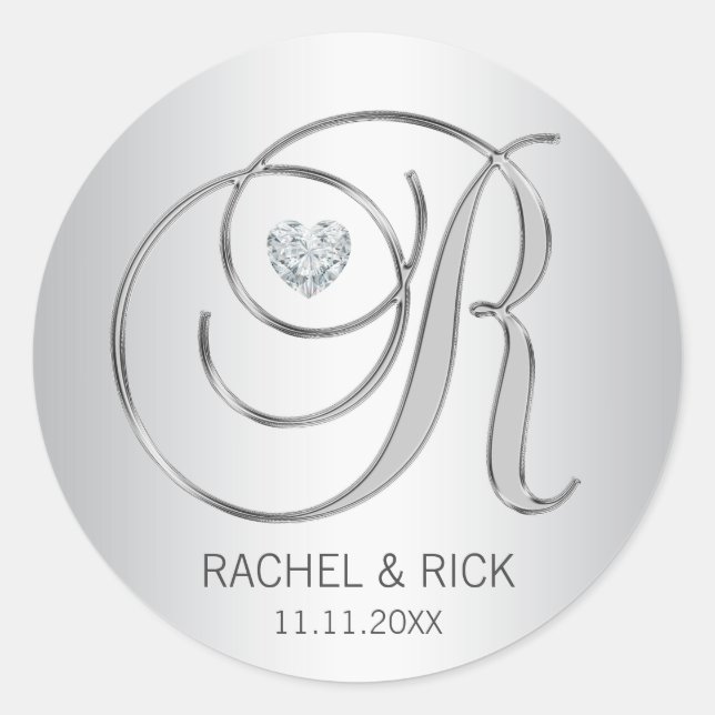 Sticker Rond Mariage monogramme d'argent élégant personnalisé (Devant)