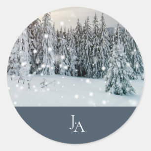 Sticker Rond Mariage Monogramme de Bois enneigé de Pays Merveil