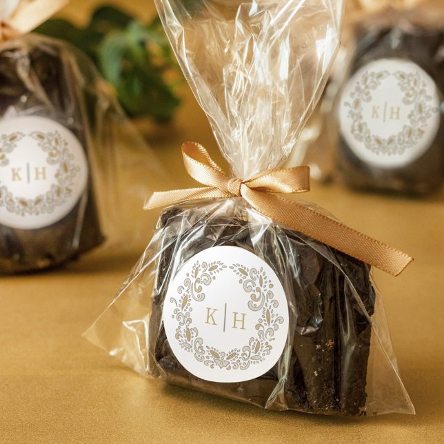 Sticker Rond Mariage monogramme de couronne stylisée de récolte (Créateur téléchargé)