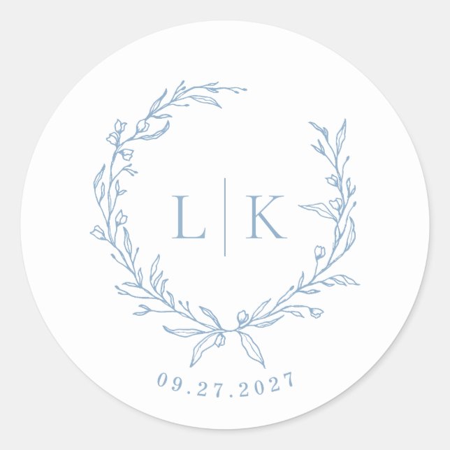 Sticker Rond Mariage Monogramme de Feuille Bleu Poussiéreux (Devant)
