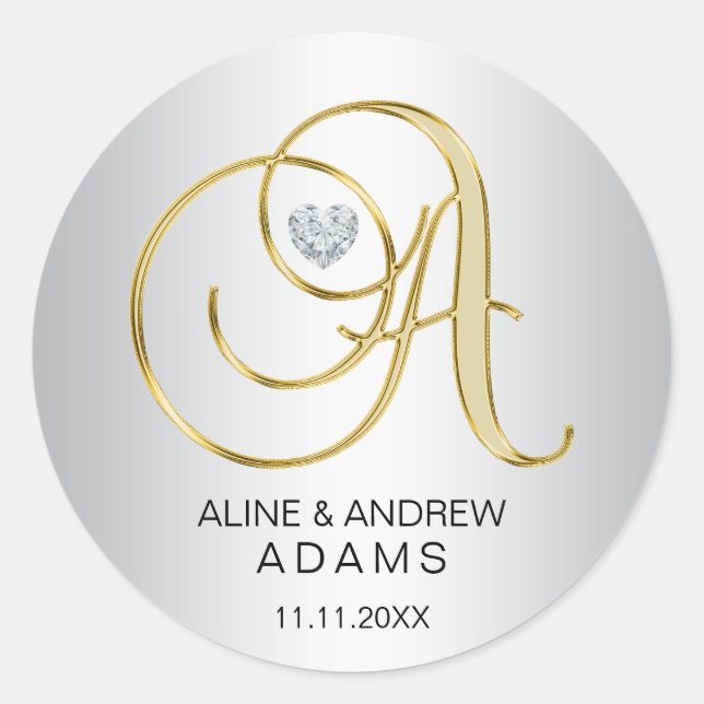 Sticker Rond Mariage monogramme d'or d'argent sur mesure (Devant)