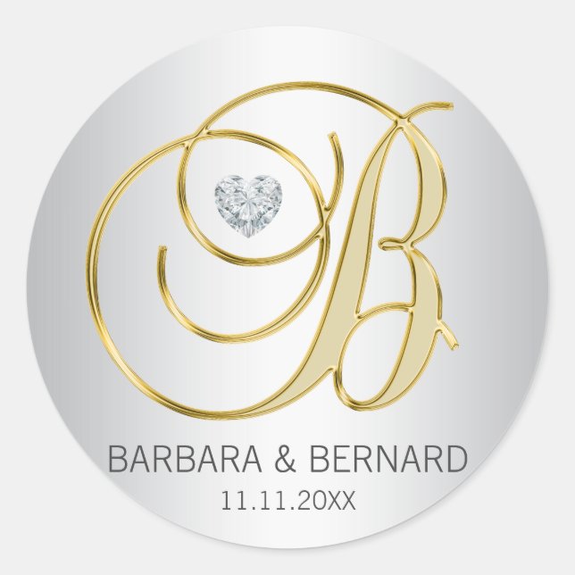 Sticker Rond Mariage monogramme d'or d'argent sur mesure (Devant)