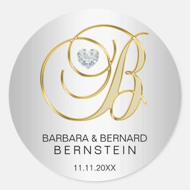 Sticker Rond Mariage monogramme d'or d'argent sur mesure (Devant)