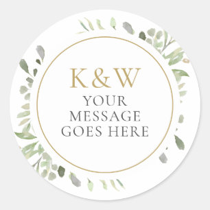 Sticker Rond Mariage Monogramme Doré Aquarelle Verdure