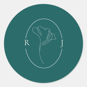 Sticker Rond Mariage Monogramme Élégant Émeraude Contourné