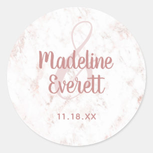 Sticker Rond Mariage Monogramme en Marbre Blanc Rosé et Or Rose