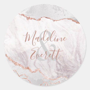 Sticker Rond Mariage Monogramme en Marbre d'Agate Or Rose et Bl
