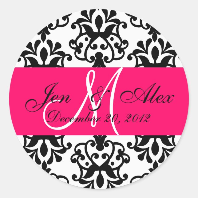 Sticker Rond Mariage Monogramme Enregistrer Date Damask Fuchsia (Devant)